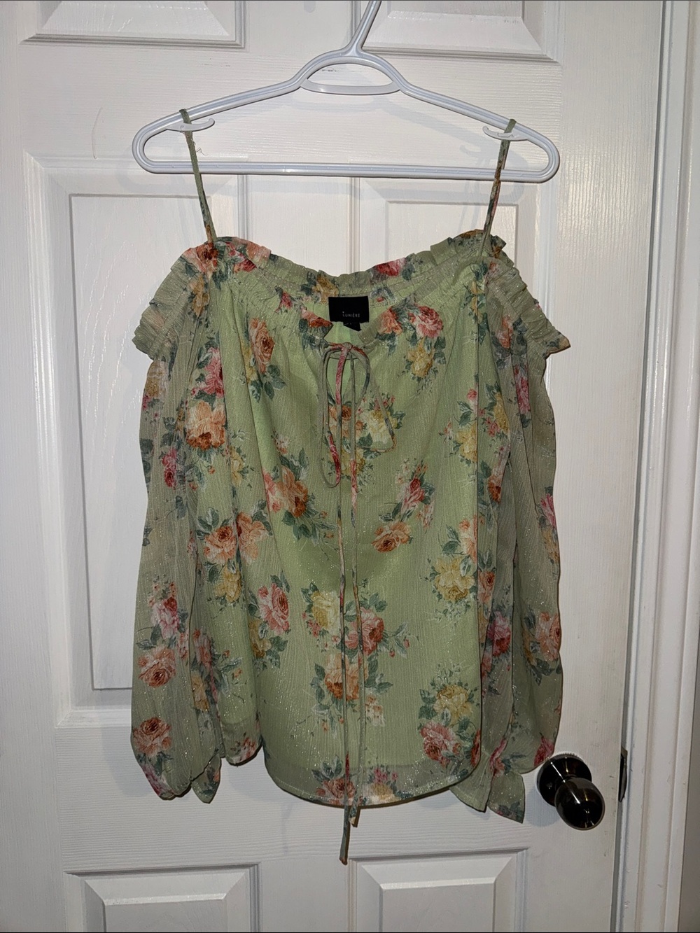 Lumiere Sage Green Floral Off-Shoulder Blouse with Tie